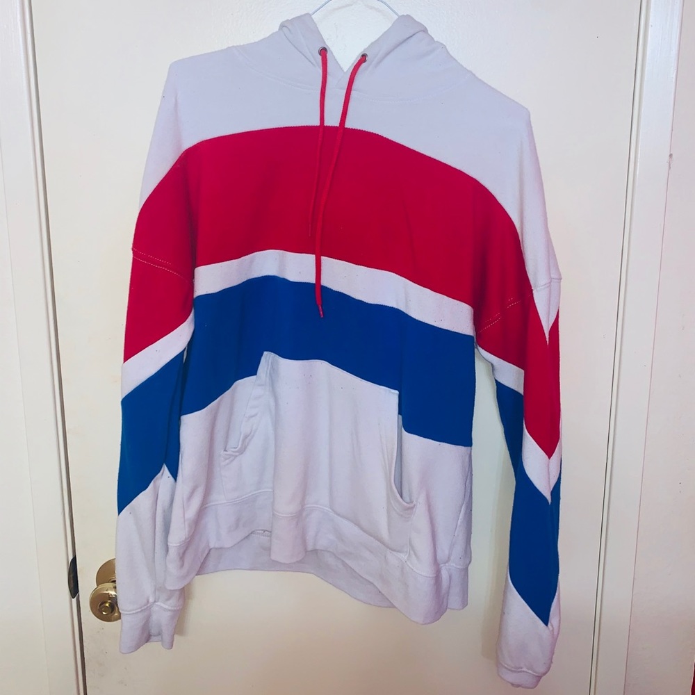 White Hoodie With Blue and Red Bands Size M
